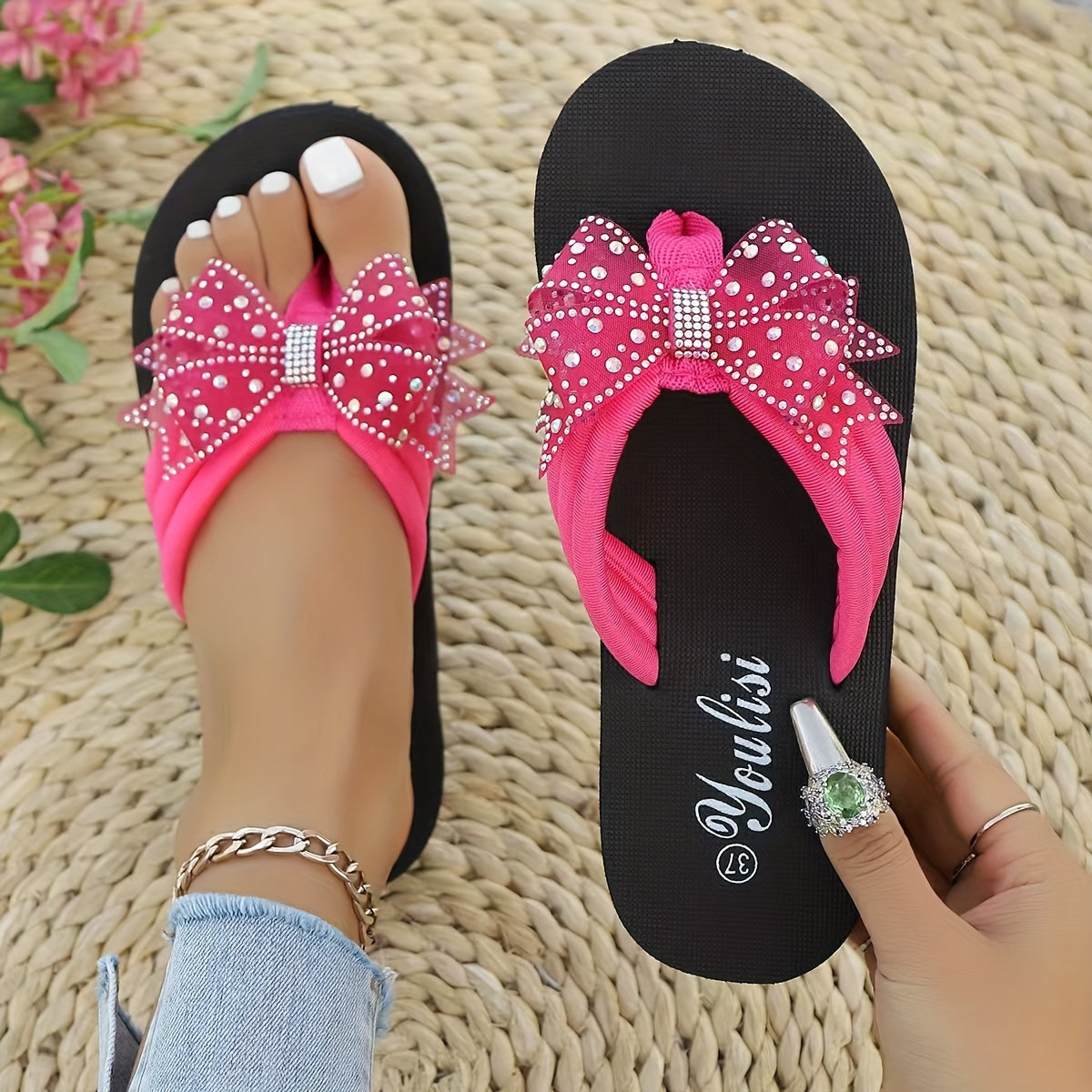 Women's Rhinestone-Adorned Slip- Mules - Sparkling Rhinestone-Encrusted Bow & Clear Bead Accent Slip-On Shoes with Arch, Cushioned Insole & Cushioned Outsole - All-Season Comfortable Low Heel for Parties, Beach, Casual Attire
