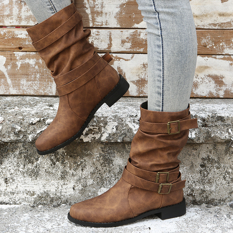 Solid Color Retro Mid Calf Boots - Ruched Buckle Decor Western Short Boots For Women