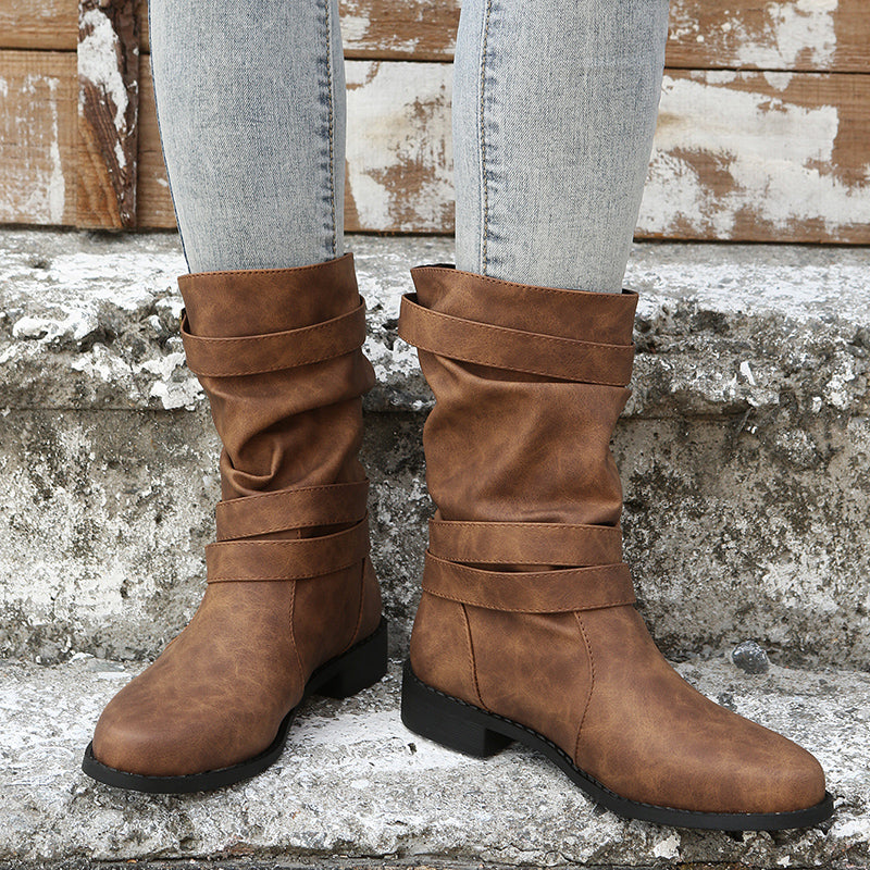 Solid Color Retro Mid Calf Boots - Ruched Buckle Decor Western Short Boots For Women
