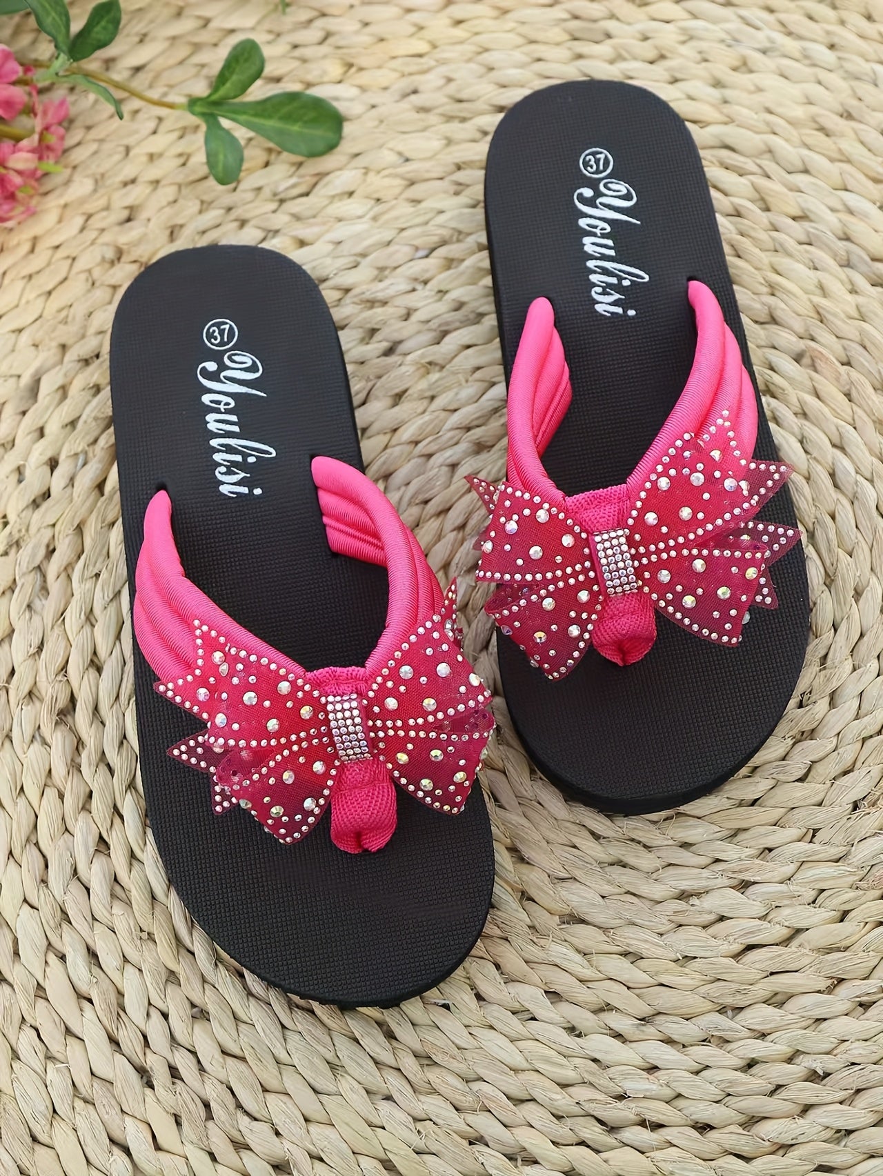 Women's Rhinestone-Adorned Slip- Mules - Sparkling Rhinestone-Encrusted Bow & Clear Bead Accent Slip-On Shoes with Arch, Cushioned Insole & Cushioned Outsole - All-Season Comfortable Low Heel for Parties, Beach, Casual Attire