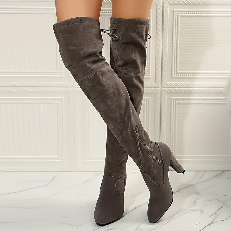 Women's High Heel Over-the-Knee Boots, Elegant Fashion Ultra-High Solid Color Long Riding Stiefels, Comfortable Furry Chunky Heeled Knee-High, Winter Boots For Women, Shoes For Women, High Heel Boots For Women, Cowgirl Boots,
