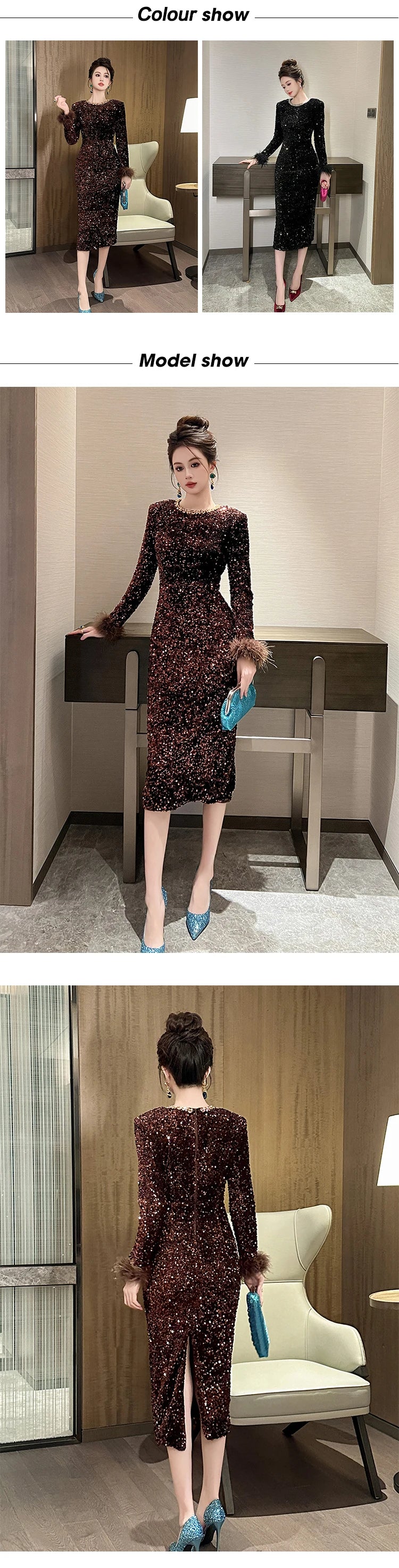 Women's Clothing Luxury Retro Prom Dress Female Elegant Elastic Velvet Fur Long Sleeve Bodyocn Robe Lady Cocktail Party Vestidos