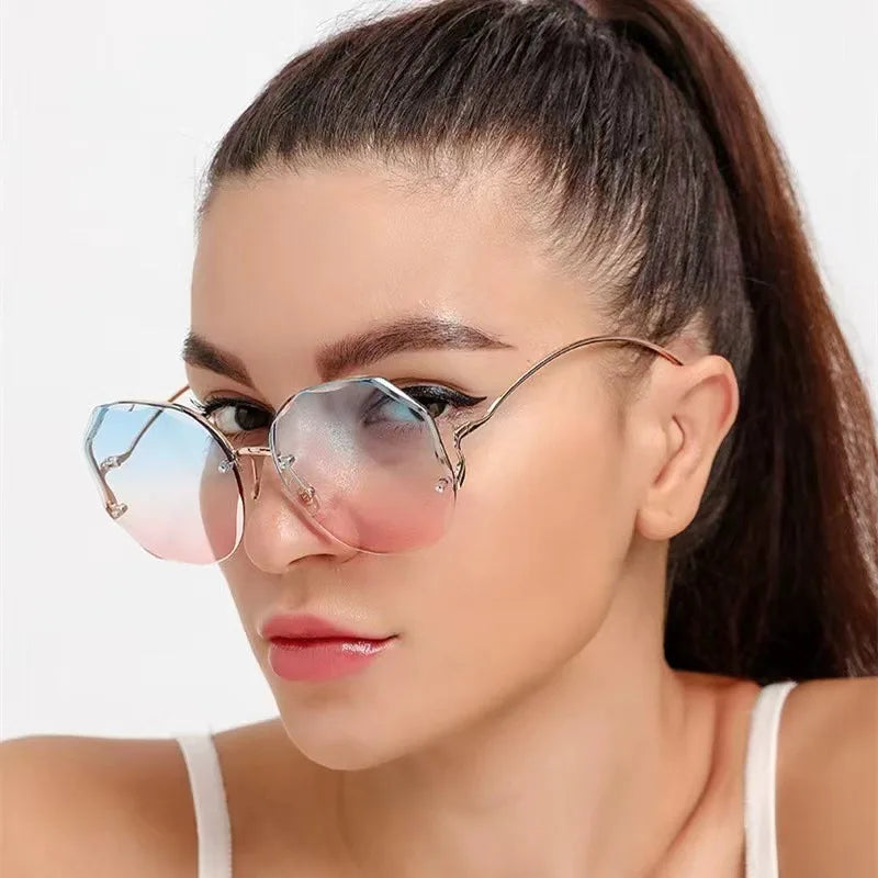 Fashion Rimless Sunglasses for Women/Men Colour Polygonal Large Frame Gradient Sunscreen Eyeglasses Очки Солнечные Женские