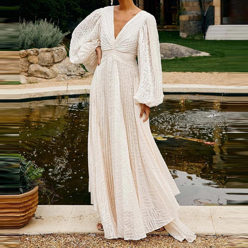Women's Clothing Casual Long Dress Sexy Hollow Lace Up Backless Evening Dress Fashion Lantern Sleeves Solid Bridesmaid Dresses