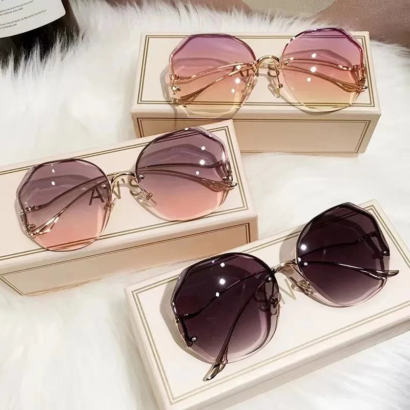 Fashion Rimless Sunglasses for Women/Men Colour Polygonal Large Frame Gradient Sunscreen Eyeglasses Очки Солнечные Женские