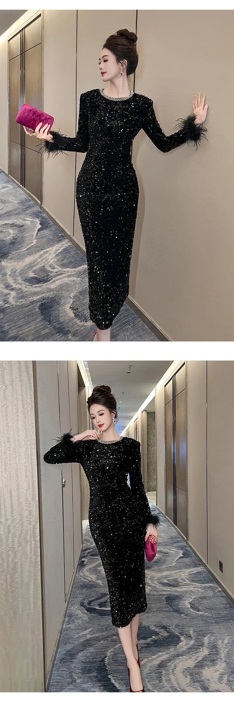 Women's Clothing Luxury Retro Prom Dress Female Elegant Elastic Velvet Fur Long Sleeve Bodyocn Robe Lady Cocktail Party Vestidos