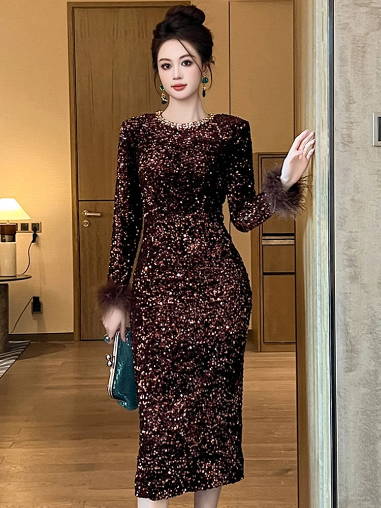 Women's Clothing Luxury Retro Prom Dress Female Elegant Elastic Velvet Fur Long Sleeve Bodyocn Robe Lady Cocktail Party Vestidos