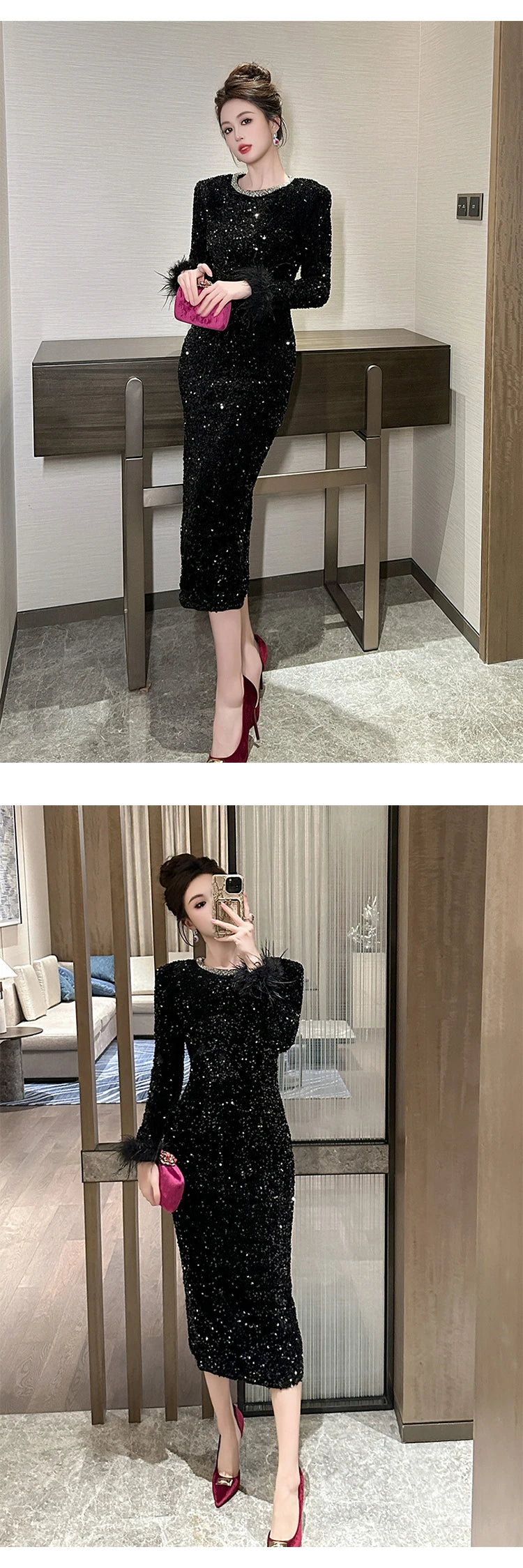 Women's Clothing Luxury Retro Prom Dress Female Elegant Elastic Velvet Fur Long Sleeve Bodyocn Robe Lady Cocktail Party Vestidos