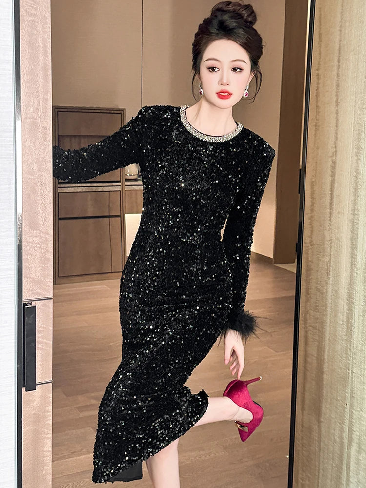 Women's Clothing Luxury Retro Prom Dress Female Elegant Elastic Velvet Fur Long Sleeve Bodyocn Robe Lady Cocktail Party Vestidos