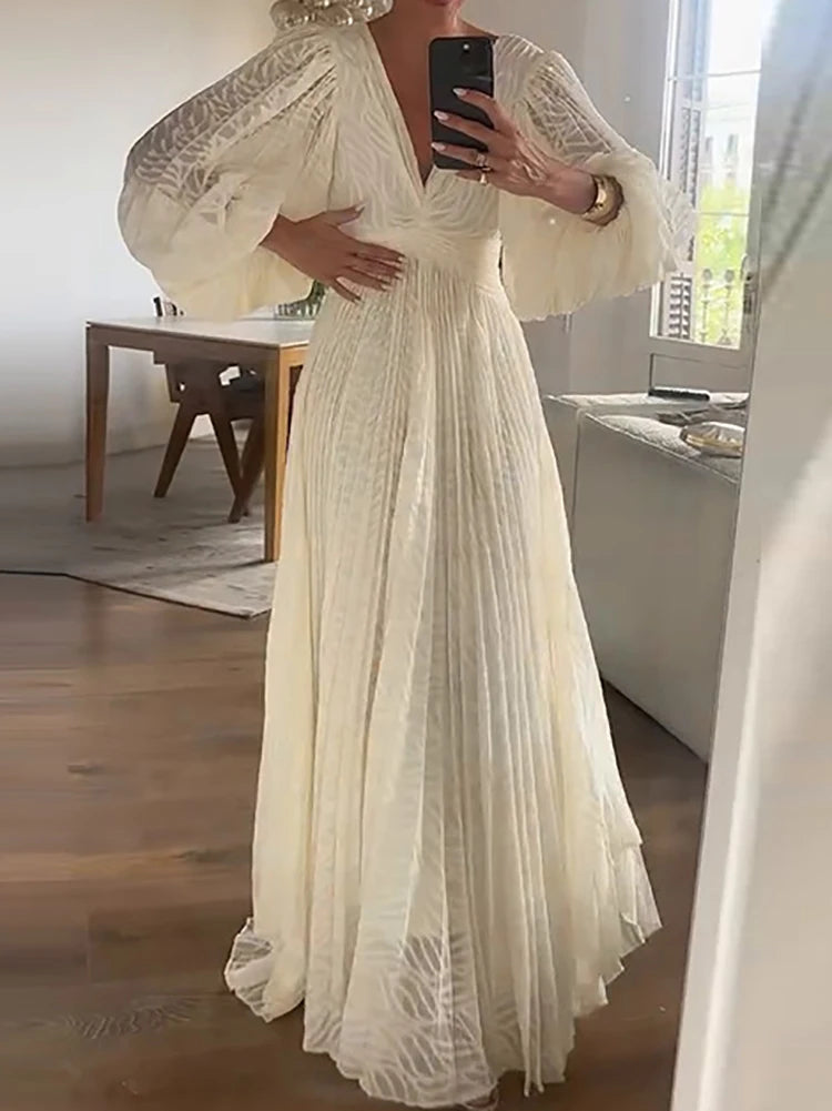 Women's Clothing Casual Long Dress Sexy Hollow Lace Up Backless Evening Dress Fashion Lantern Sleeves Solid Bridesmaid Dresses