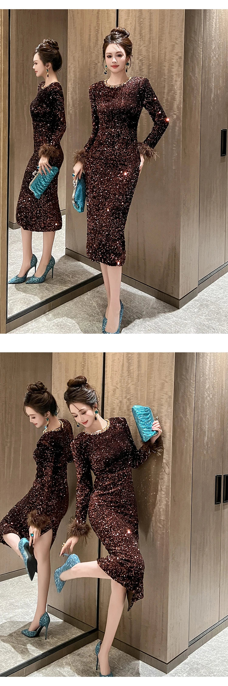 Women's Clothing Luxury Retro Prom Dress Female Elegant Elastic Velvet Fur Long Sleeve Bodyocn Robe Lady Cocktail Party Vestidos