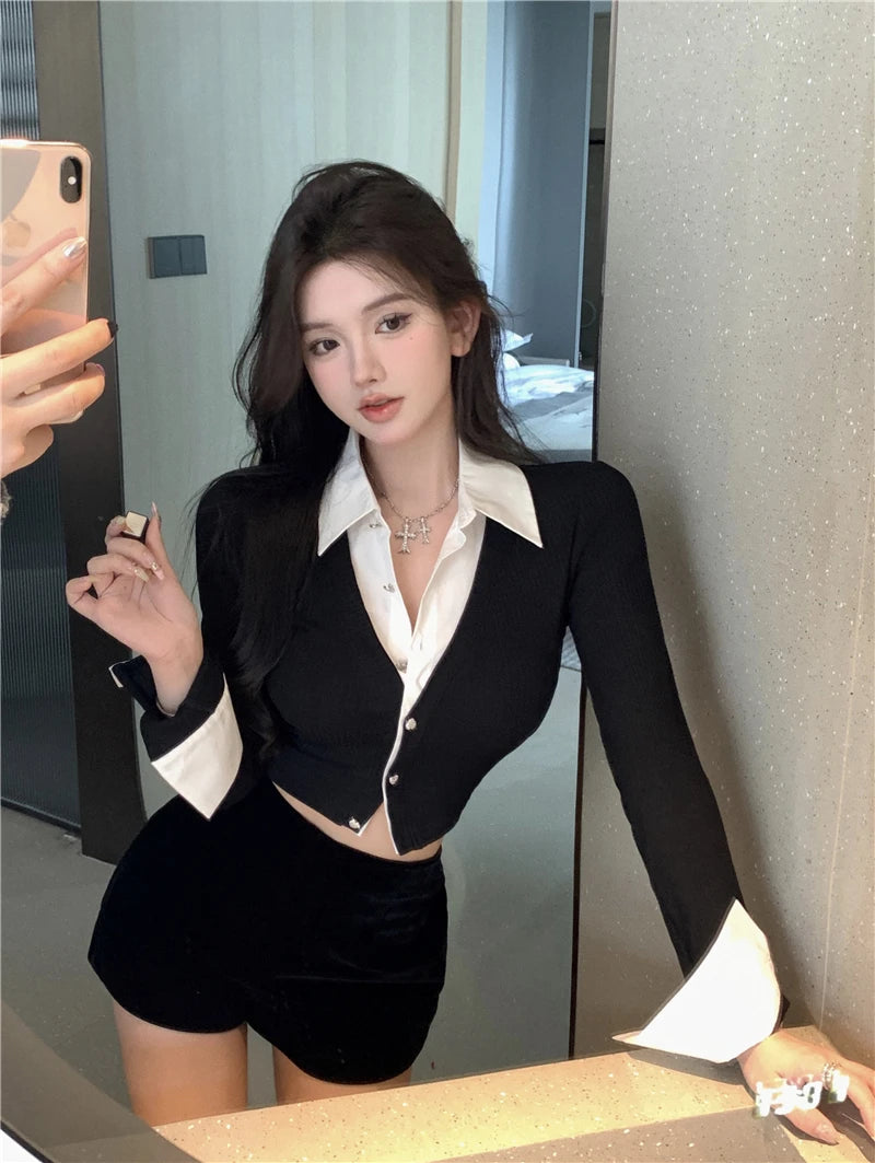 T-shirts Women Minimalist Sexy Aesthetic Delicate Panelled Patchwork All-match Female Clothing Fake Two Pieces Knitted Advanced
