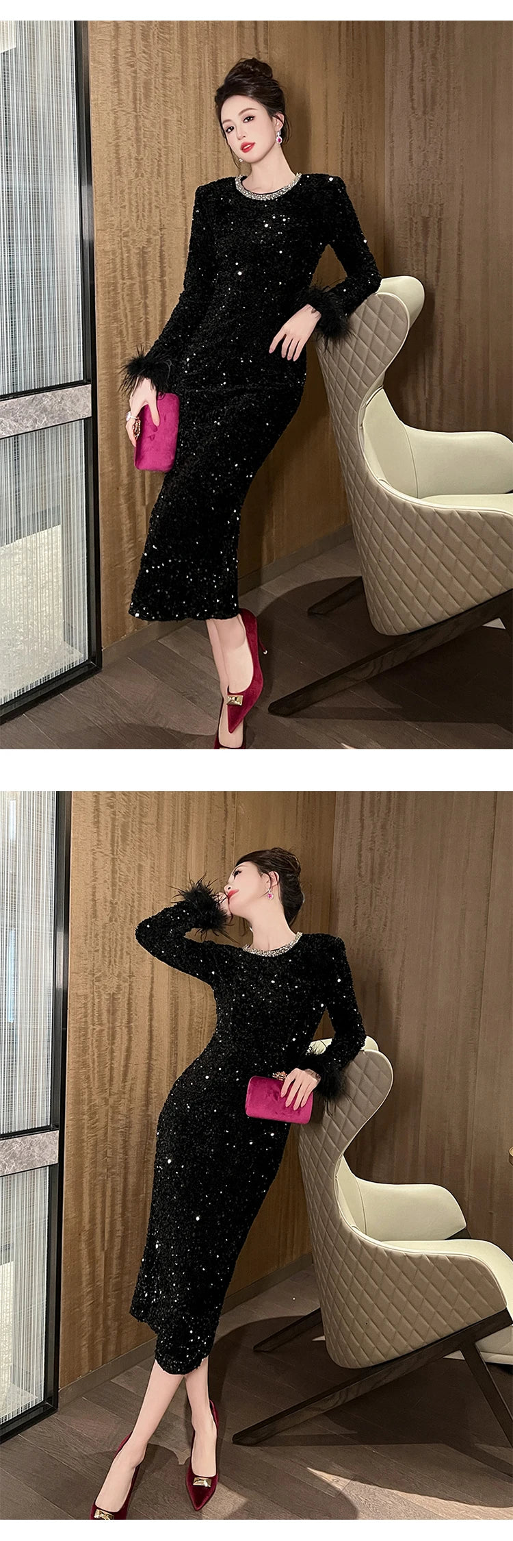 Women's Clothing Luxury Retro Prom Dress Female Elegant Elastic Velvet Fur Long Sleeve Bodyocn Robe Lady Cocktail Party Vestidos