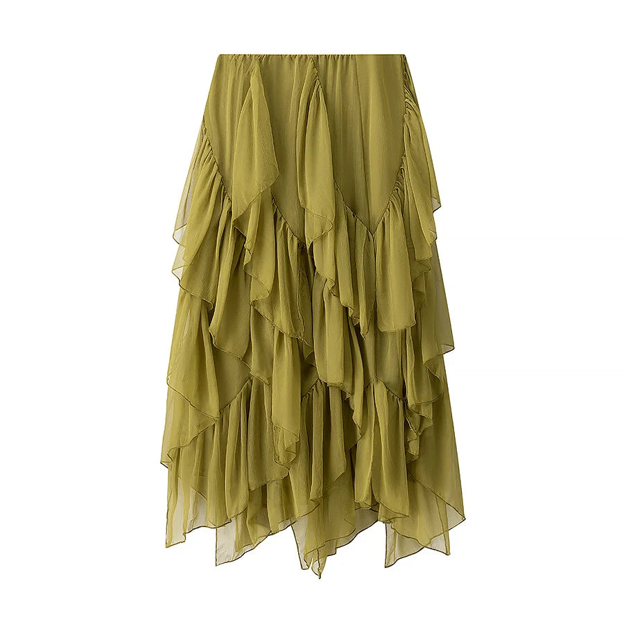European style new women's clothing fashionable and versatile temperament simple solid color loose slim ruffled waist skirt