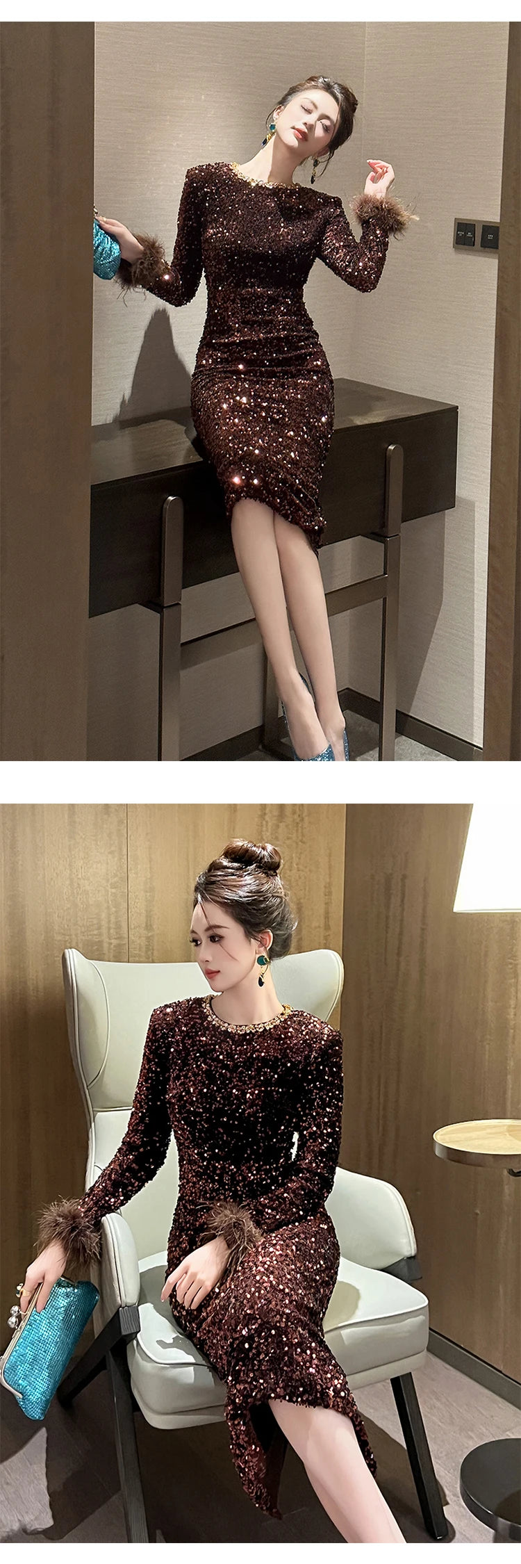 Women's Clothing Luxury Retro Prom Dress Female Elegant Elastic Velvet Fur Long Sleeve Bodyocn Robe Lady Cocktail Party Vestidos
