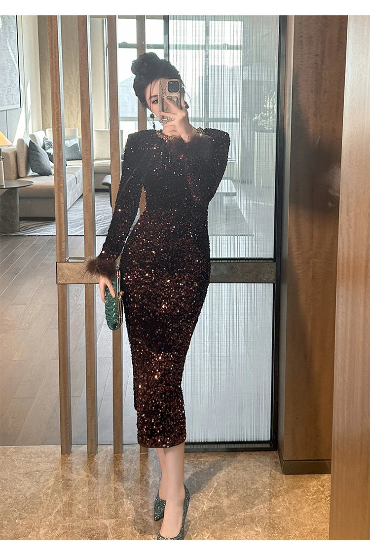 Women's Clothing Luxury Retro Prom Dress Female Elegant Elastic Velvet Fur Long Sleeve Bodyocn Robe Lady Cocktail Party Vestidos