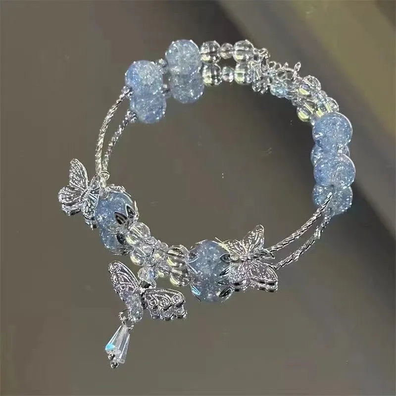 Light Luxury Purple Glass Crystal Beaded Bracelets for Women Chic Butterfly Tassel Pendant Bracelets Sweet Girl Wrist Jewelry
