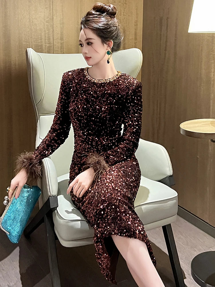 Women's Clothing Luxury Retro Prom Dress Female Elegant Elastic Velvet Fur Long Sleeve Bodyocn Robe Lady Cocktail Party Vestidos