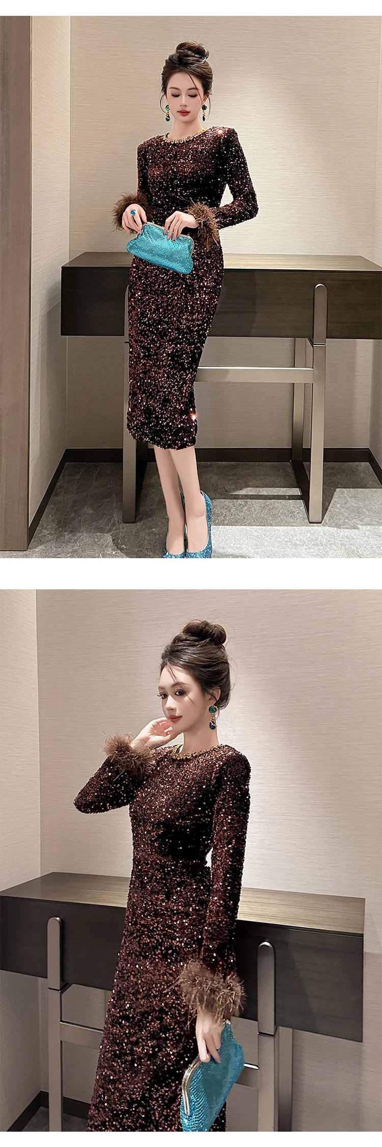Women's Clothing Luxury Retro Prom Dress Female Elegant Elastic Velvet Fur Long Sleeve Bodyocn Robe Lady Cocktail Party Vestidos