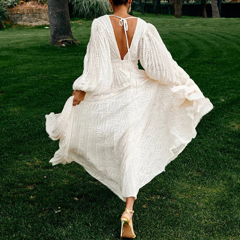 Women's Clothing Casual Long Dress Sexy Hollow Lace Up Backless Evening Dress Fashion Lantern Sleeves Solid Bridesmaid Dresses