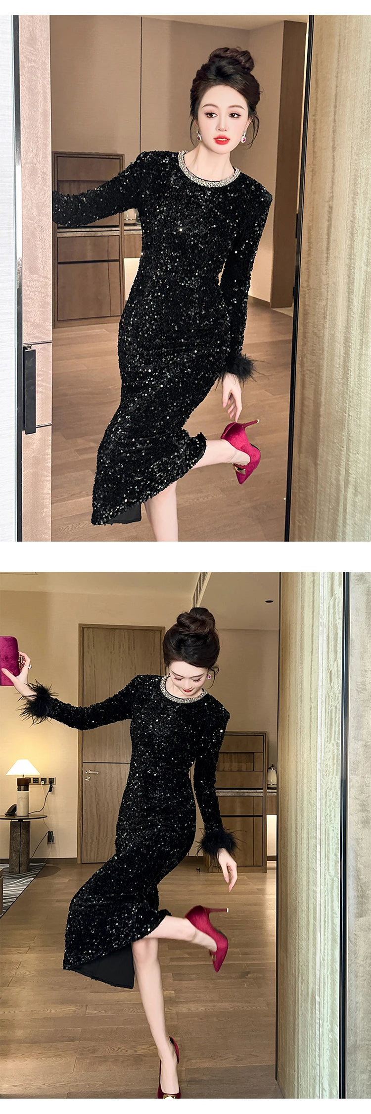 Women's Clothing Luxury Retro Prom Dress Female Elegant Elastic Velvet Fur Long Sleeve Bodyocn Robe Lady Cocktail Party Vestidos