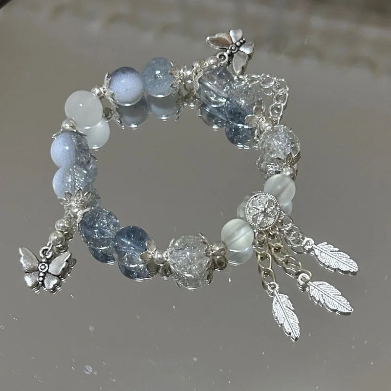 Light Luxury Purple Glass Crystal Beaded Bracelets for Women Chic Butterfly Tassel Pendant Bracelets Sweet Girl Wrist Jewelry