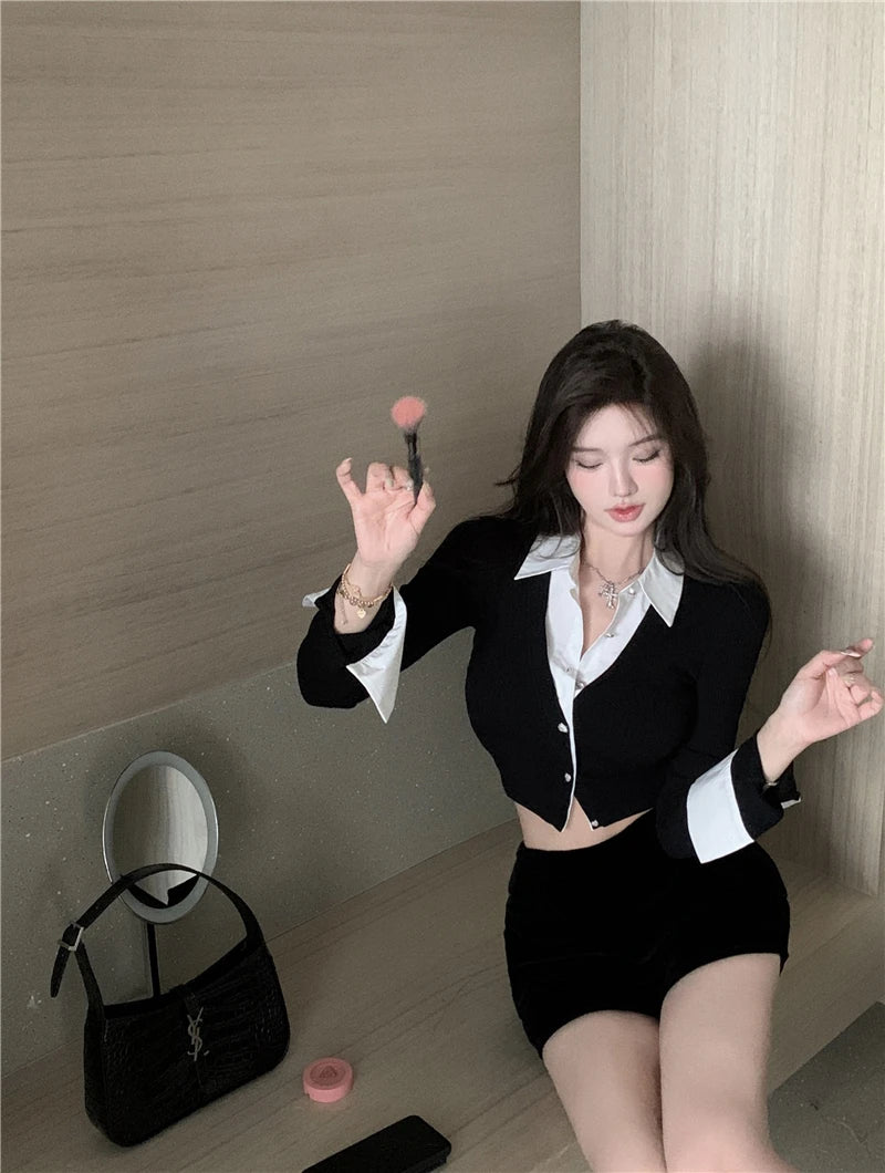 T-shirts Women Minimalist Sexy Aesthetic Delicate Panelled Patchwork All-match Female Clothing Fake Two Pieces Knitted Advanced