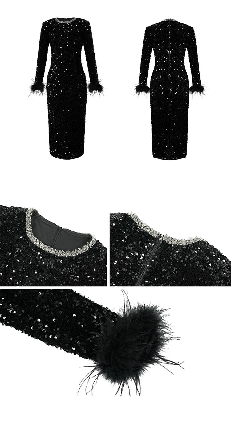 Women's Clothing Luxury Retro Prom Dress Female Elegant Elastic Velvet Fur Long Sleeve Bodyocn Robe Lady Cocktail Party Vestidos