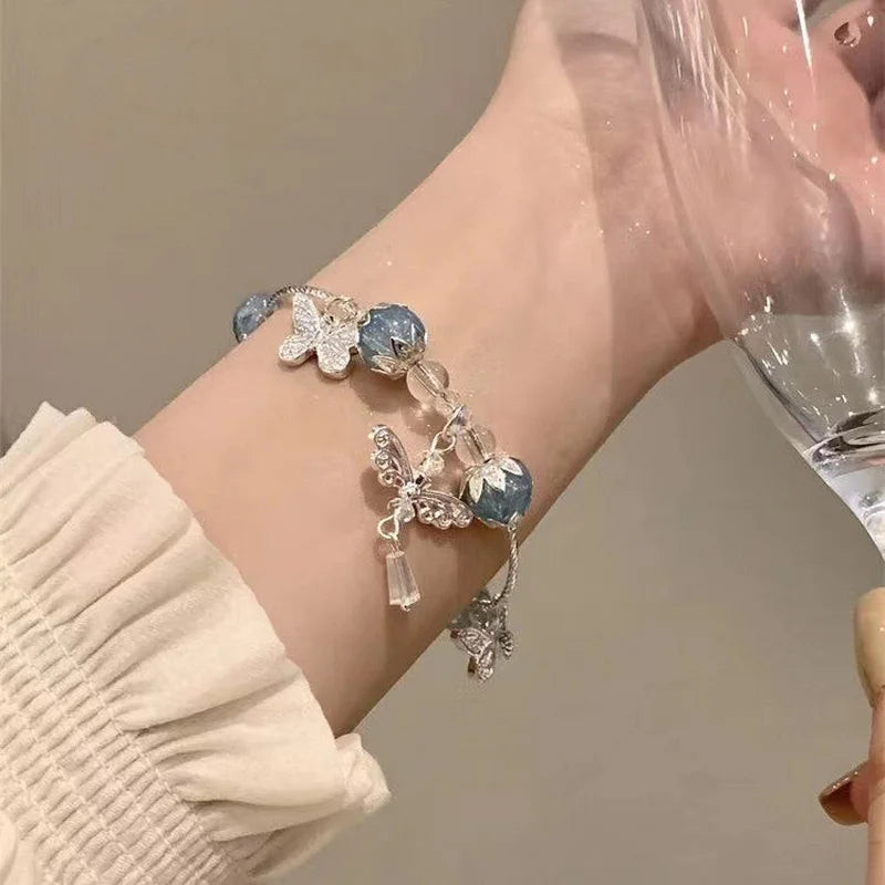 Light Luxury Purple Glass Crystal Beaded Bracelets for Women Chic Butterfly Tassel Pendant Bracelets Sweet Girl Wrist Jewelry