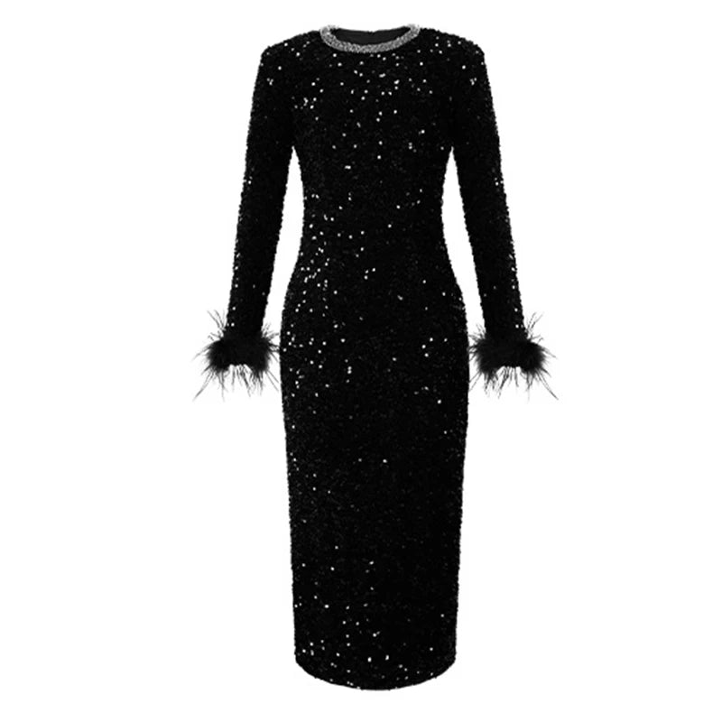 Women's Clothing Luxury Retro Prom Dress Female Elegant Elastic Velvet Fur Long Sleeve Bodyocn Robe Lady Cocktail Party Vestidos