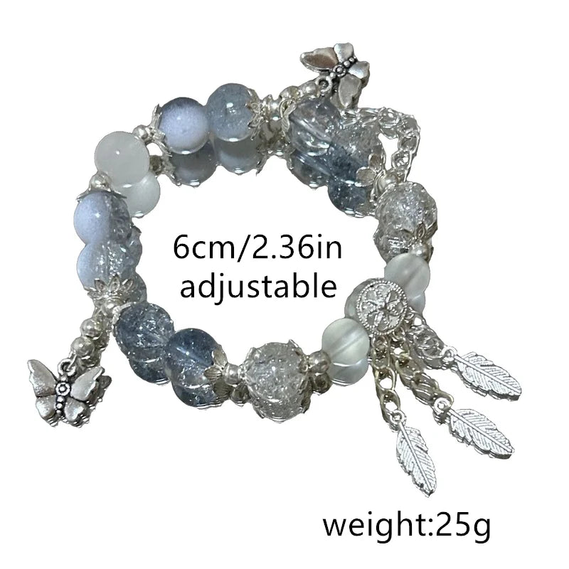 Light Luxury Purple Glass Crystal Beaded Bracelets for Women Chic Butterfly Tassel Pendant Bracelets Sweet Girl Wrist Jewelry