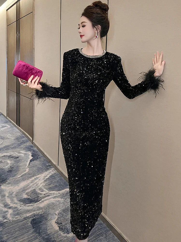 Women's Clothing Luxury Retro Prom Dress Female Elegant Elastic Velvet Fur Long Sleeve Bodyocn Robe Lady Cocktail Party Vestidos