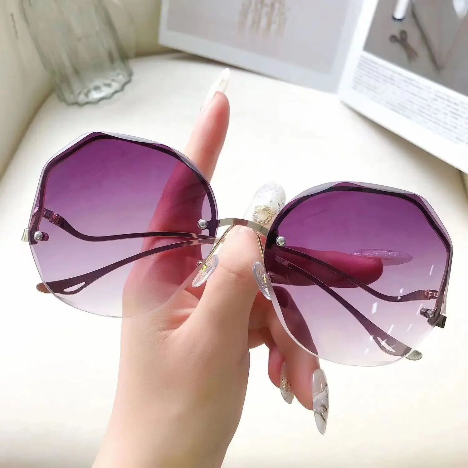 Fashion Rimless Sunglasses for Women/Men Colour Polygonal Large Frame Gradient Sunscreen Eyeglasses Очки Солнечные Женские