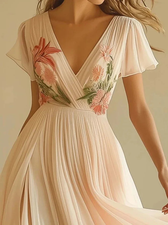 Women's Clothing Trend 2025 Summer Short Sleeve High Waist Dresses Sexy V Neck Floral Printed Boho Holiday Dress Vestidos