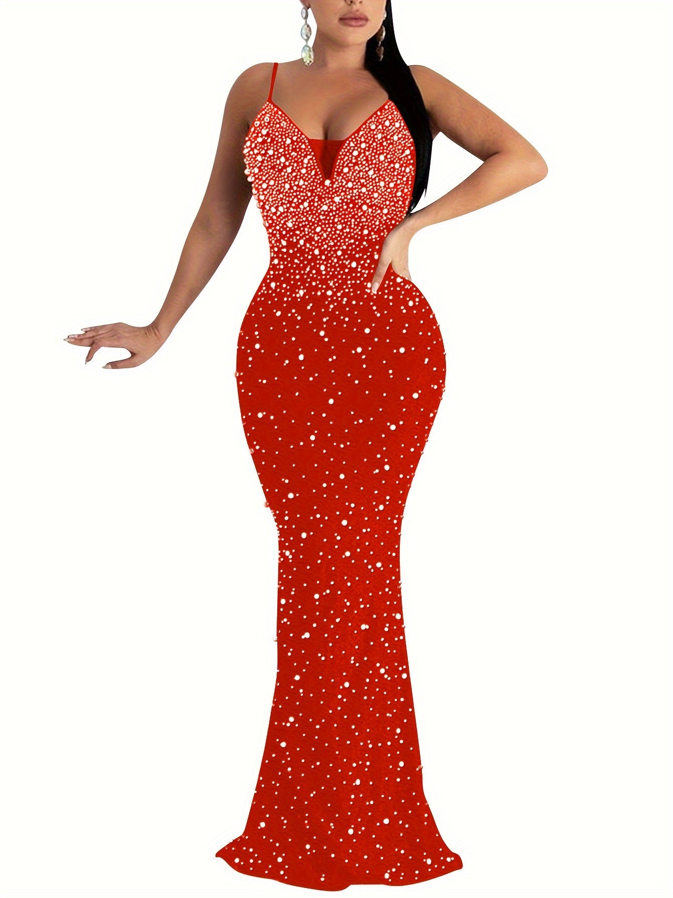 Women's Sexy Mermaid Evening Gown - Long Sleeve-Like Strapless Spaghetti Strap Sparkling Crystal-dorned Bodycon Dress, -Length Formal Party Wedding Prom Dress, Machine Washable Black with Back Zipper Closure, Elegant Dresses