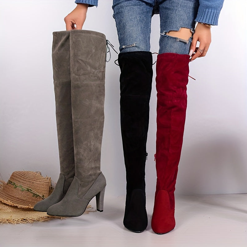 Women's High Heel Over-the-Knee Boots, Elegant Fashion Ultra-High Solid Color Long Riding Stiefels, Comfortable Furry Chunky Heeled Knee-High, Winter Boots For Women, Shoes For Women, High Heel Boots For Women, Cowgirl Boots,