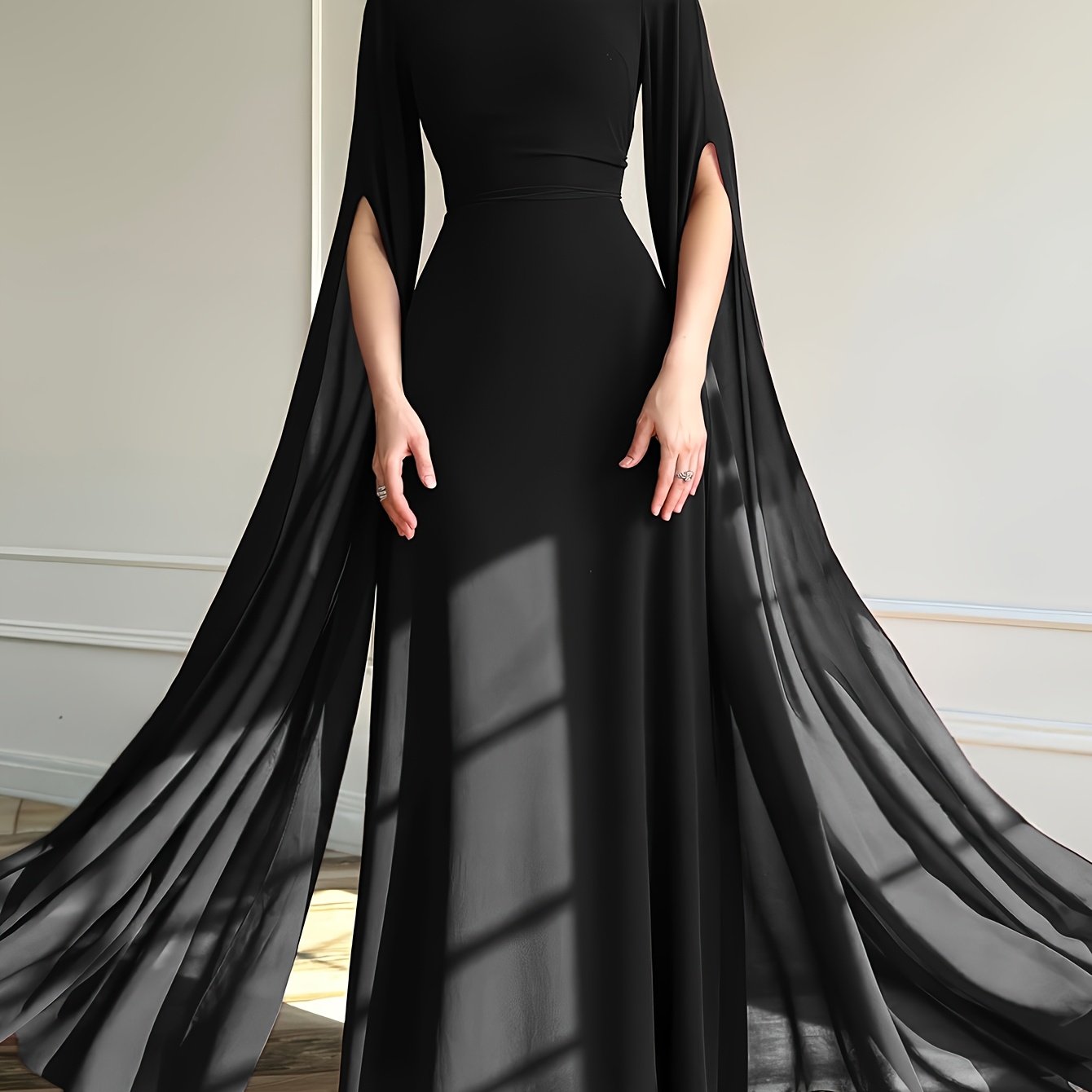 1pc Elegant Evening Long Dress with Cape Sleeves & Lace-Up Back - A-Line Stand Collar Solid Color Wedding Guest Gown, Machine Washable Spring/Summer Formal Dress for Women, Dresses for Wedding, Sophisticated Tailoring