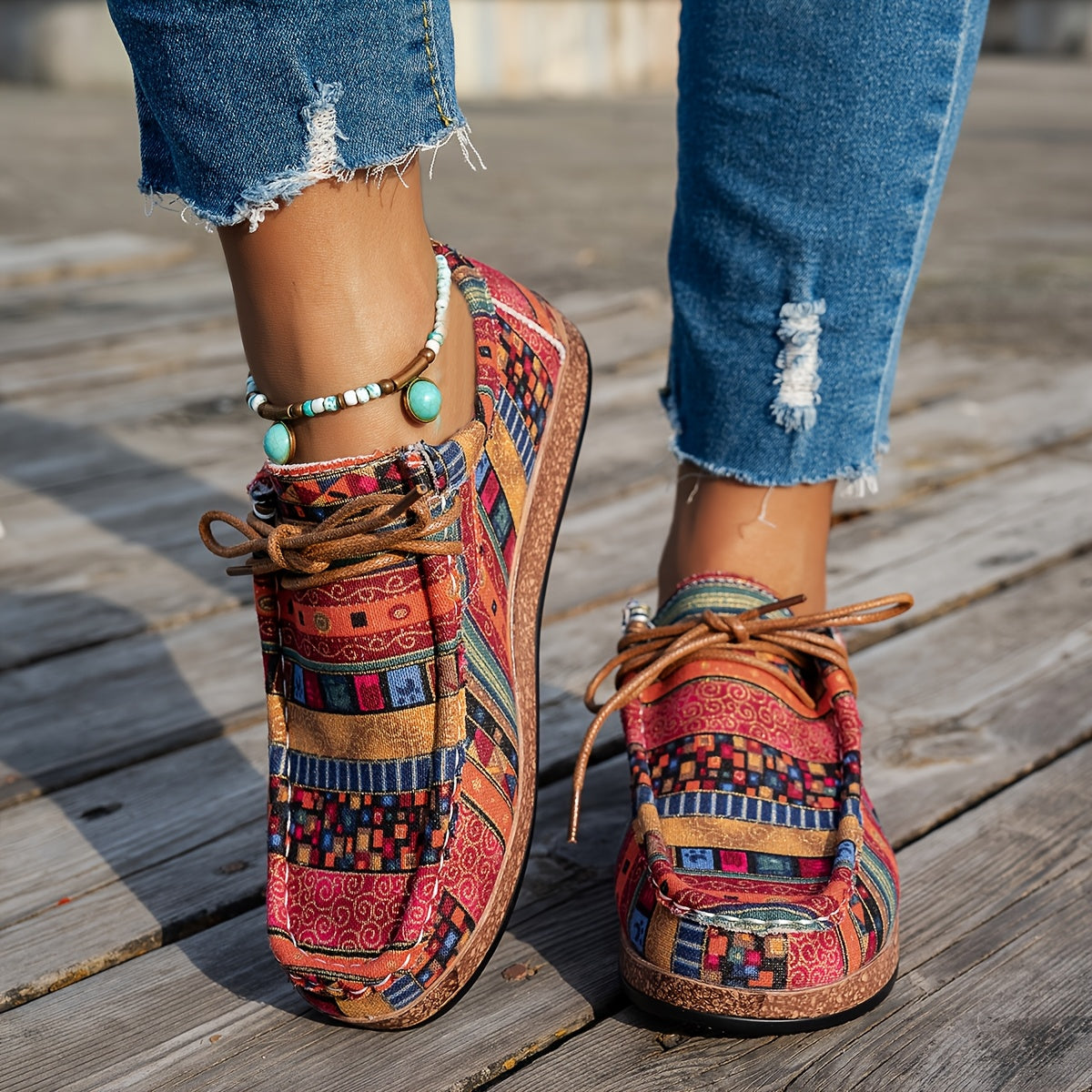 BYZI Women's Lightweight Mosaic Pattern Slip-Resistant Arch Sneakers - Vibrant Multicolor Ethnic Design (Turquoise/Pink/Orange/Blue/Black/Red/Golden/Brown) - All-Season Casual & Semi-Formal Shoes with Cushioned Insole & PU So