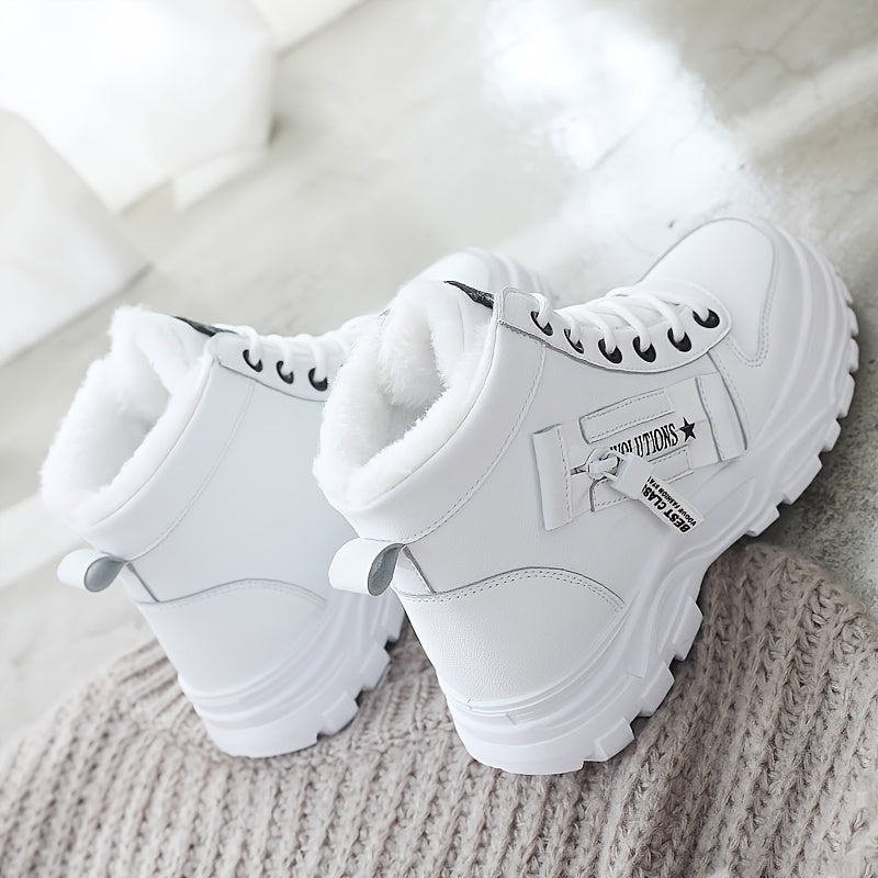 [Warm Fleece-Lined Winter Boots] Warm Fleece-Lined Women's Winter High-Top Boots - Thick Rubber Sole, Lace-Up Casual Style, White & Beige, Perfect for Cold Weather Comfort