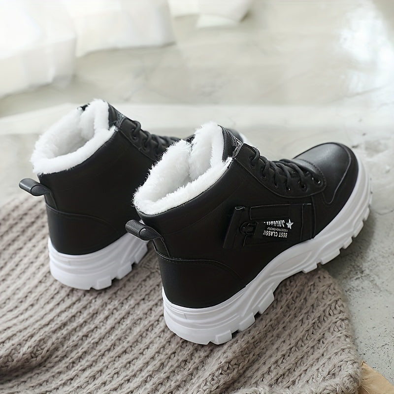 [Warm Fleece-Lined Winter Boots] Warm Fleece-Lined Women's Winter High-Top Boots - Thick Rubber Sole, Lace-Up Casual Style, White & Beige, Perfect for Cold Weather Comfort