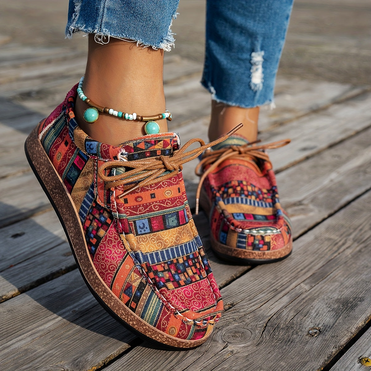 BYZI Women's Lightweight Mosaic Pattern Slip-Resistant Arch Sneakers - Vibrant Multicolor Ethnic Design (Turquoise/Pink/Orange/Blue/Black/Red/Golden/Brown) - All-Season Casual & Semi-Formal Shoes with Cushioned Insole & PU So