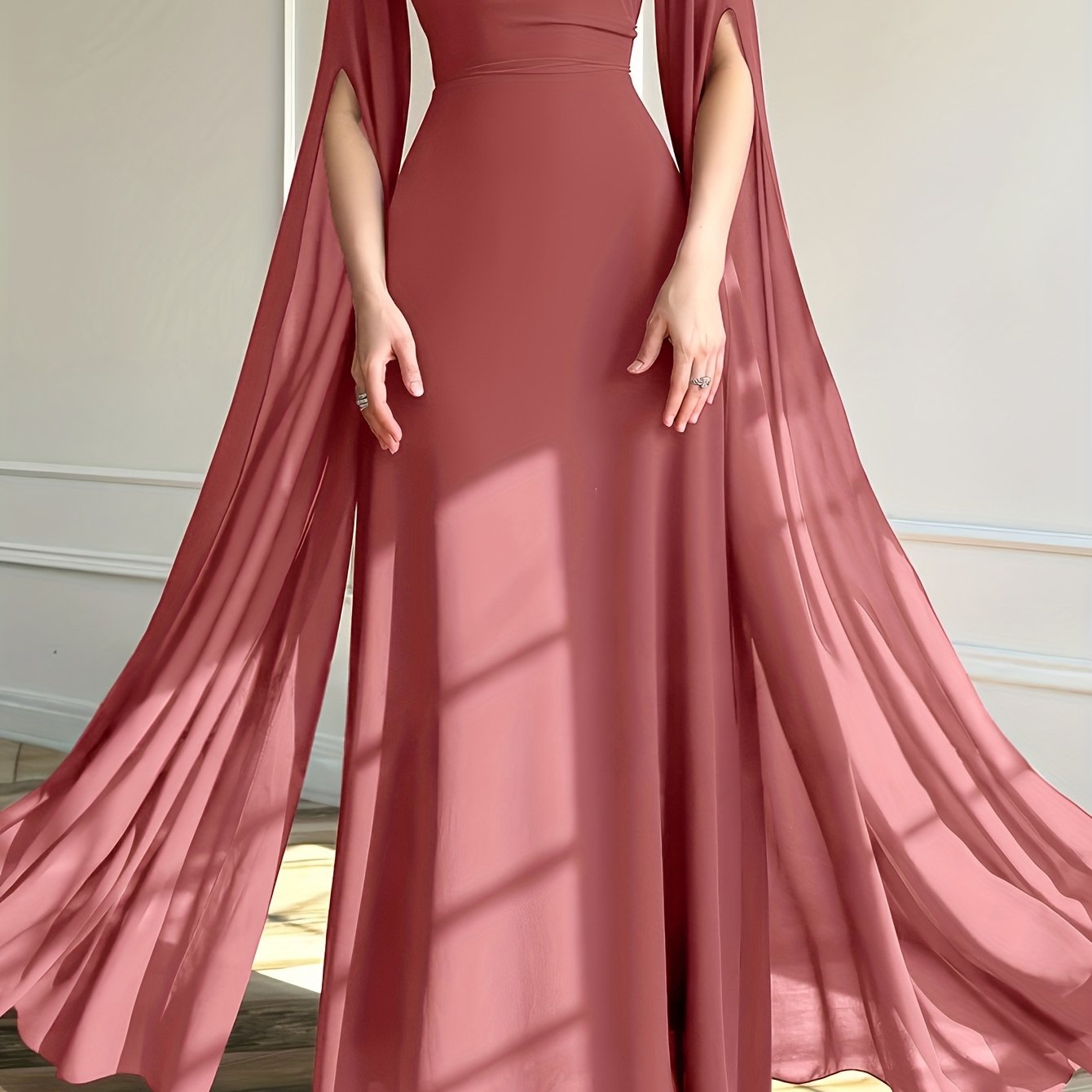 1pc Elegant Evening Long Dress with Cape Sleeves & Lace-Up Back - A-Line Stand Collar Solid Color Wedding Guest Gown, Machine Washable Spring/Summer Formal Dress for Women, Dresses for Wedding, Sophisticated Tailoring