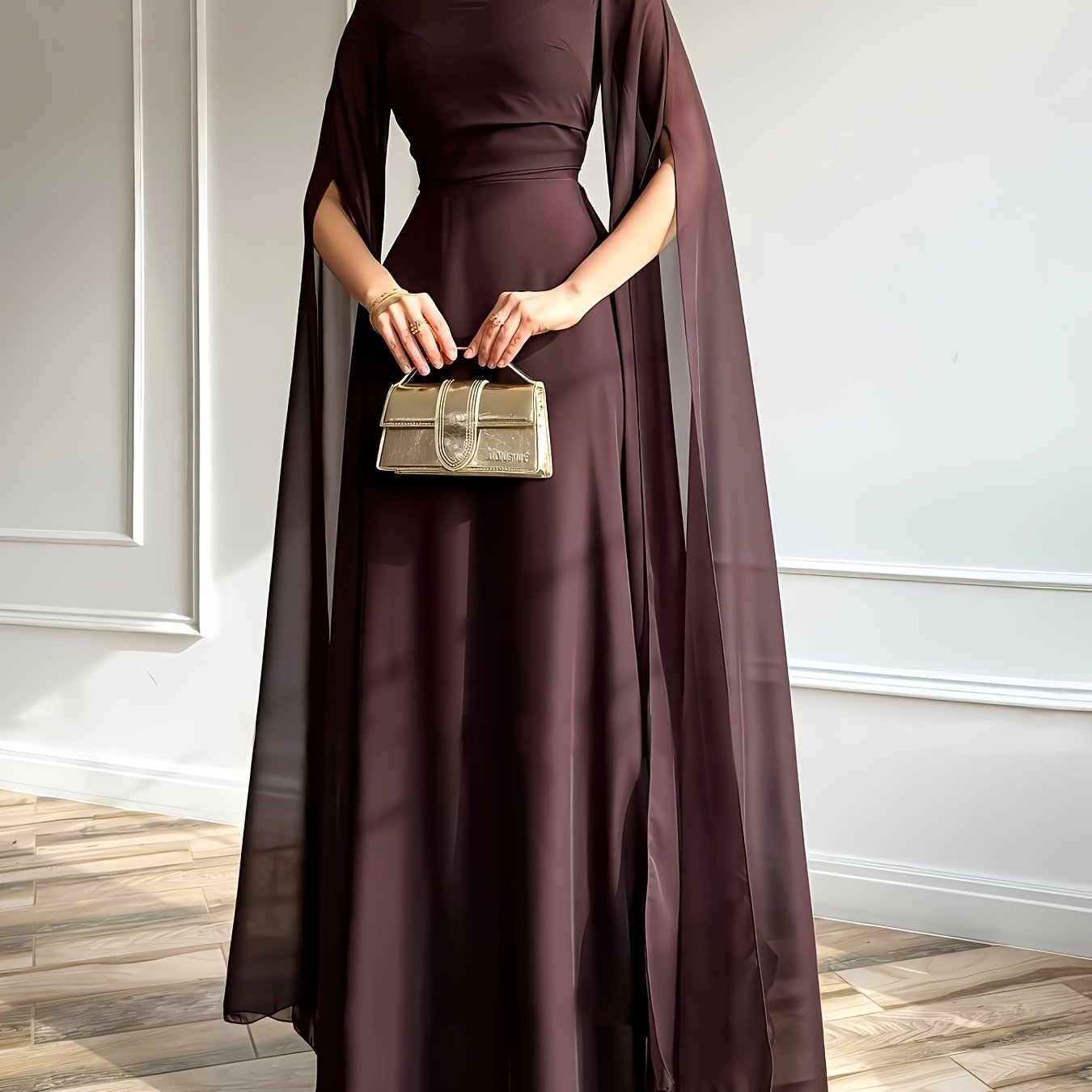 1pc Elegant Evening Long Dress with Cape Sleeves & Lace-Up Back - A-Line Stand Collar Solid Color Wedding Guest Gown, Machine Washable Spring/Summer Formal Dress for Women, Dresses for Wedding, Sophisticated Tailoring