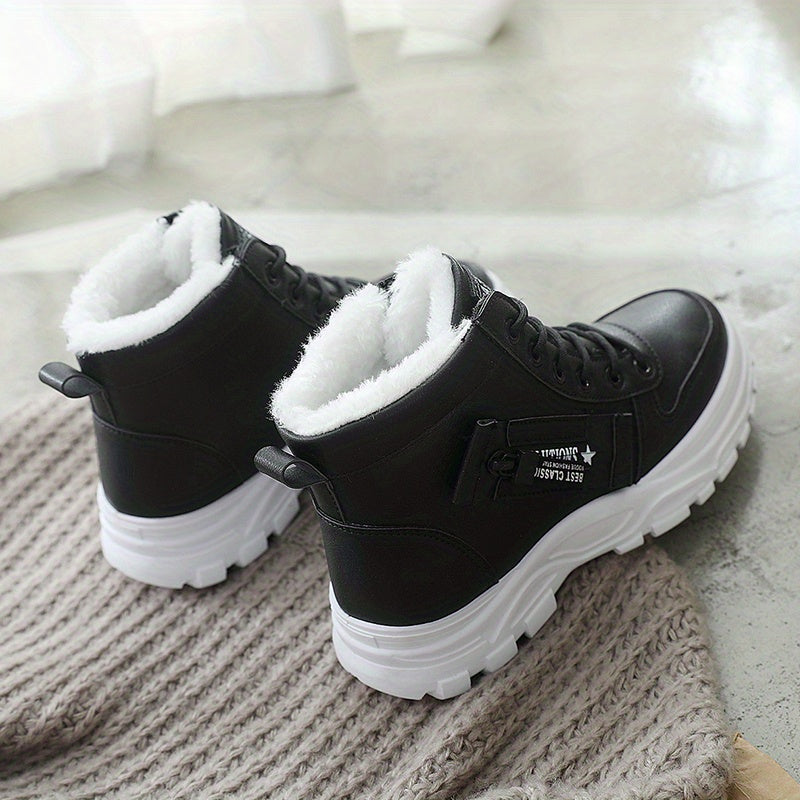[Warm Fleece-Lined Winter Boots] Warm Fleece-Lined Women's Winter High-Top Boots - Thick Rubber Sole, Lace-Up Casual Style, White & Beige, Perfect for Cold Weather Comfort