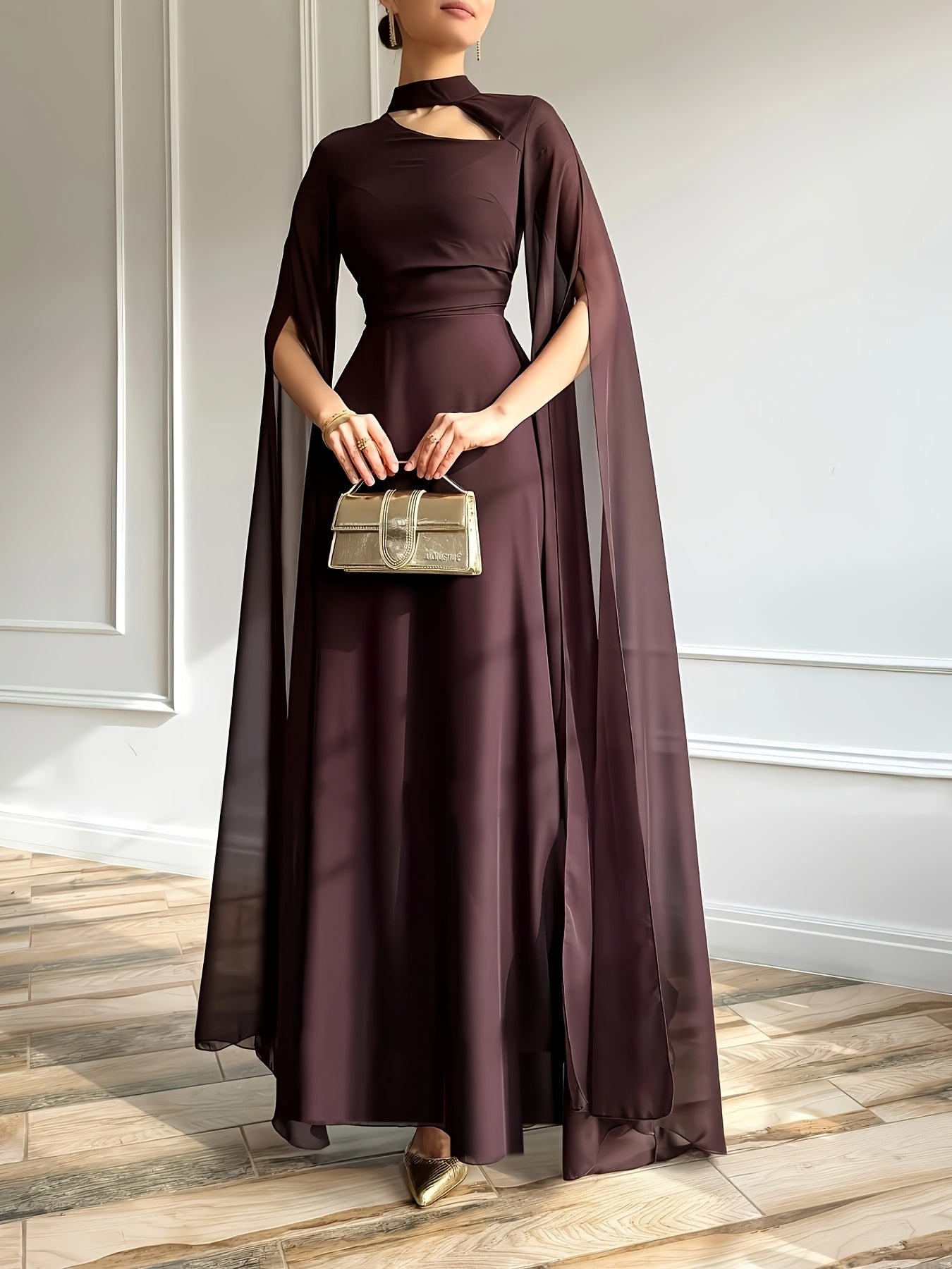 1pc Elegant Evening Long Dress with Cape Sleeves & Lace-Up Back - A-Line Stand Collar Solid Color Wedding Guest Gown, Machine Washable Spring/Summer Formal Dress for Women, Dresses for Wedding, Sophisticated Tailoring