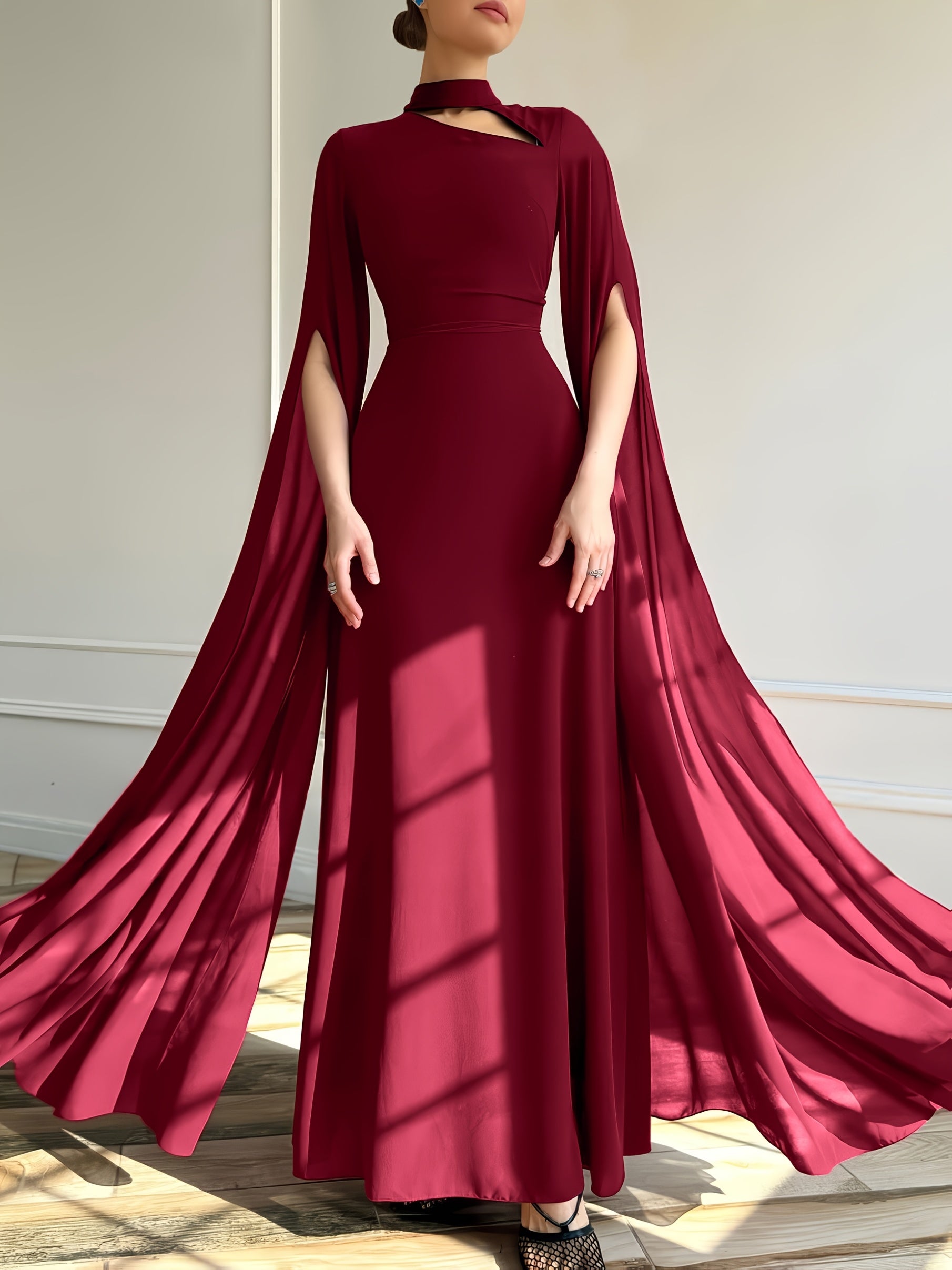 1pc Elegant Evening Long Dress with Cape Sleeves & Lace-Up Back - A-Line Stand Collar Solid Color Wedding Guest Gown, Machine Washable Spring/Summer Formal Dress for Women, Dresses for Wedding, Sophisticated Tailoring