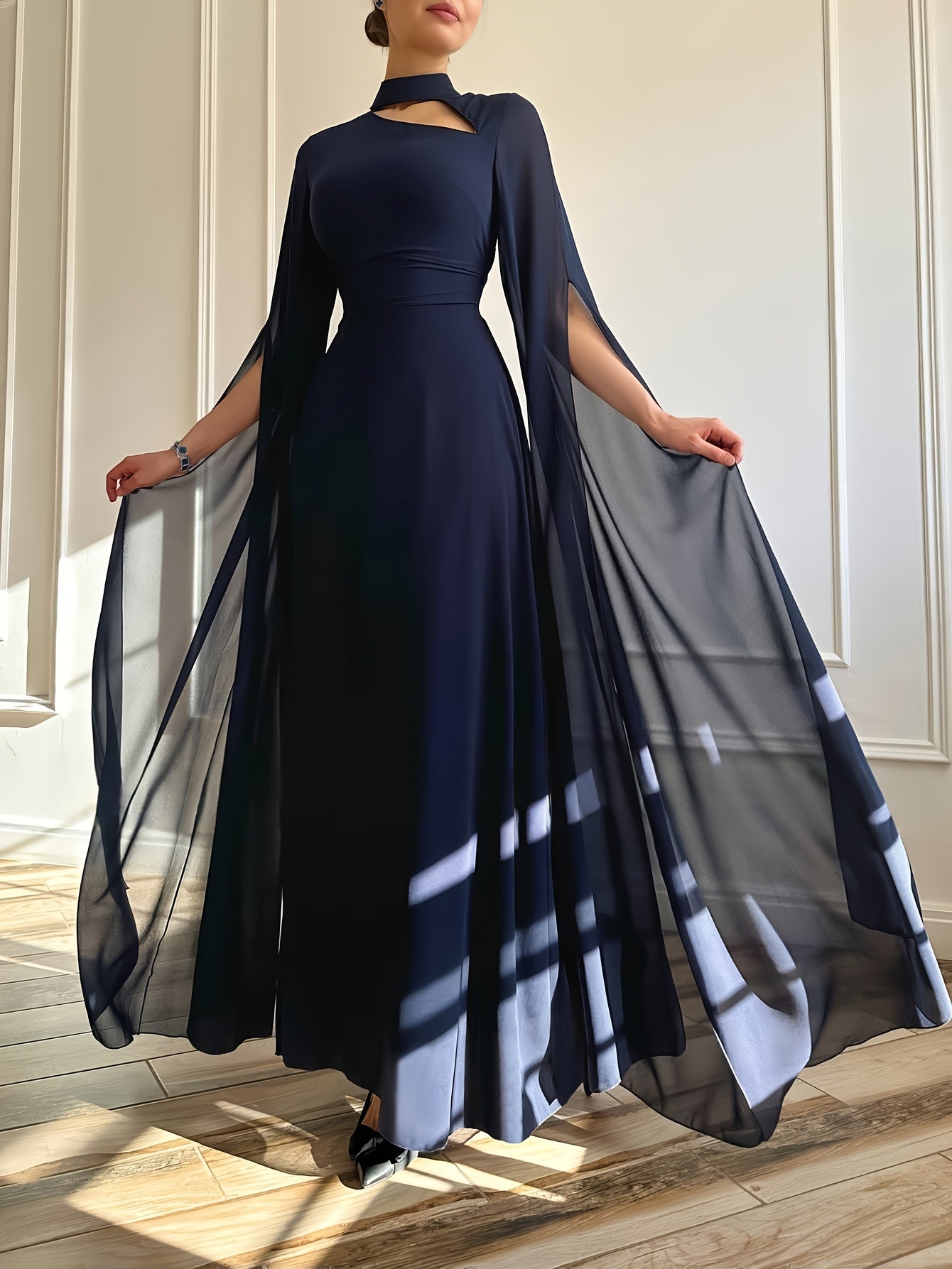 1pc Elegant Evening Long Dress with Cape Sleeves & Lace-Up Back - A-Line Stand Collar Solid Color Wedding Guest Gown, Machine Washable Spring/Summer Formal Dress for Women, Dresses for Wedding, Sophisticated Tailoring