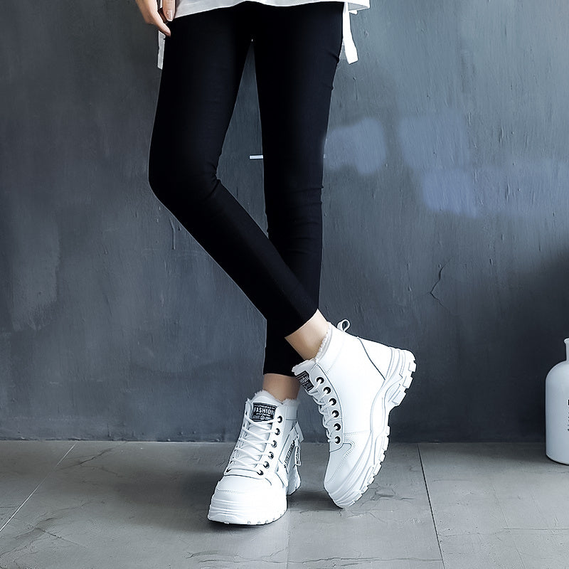 [Warm Fleece-Lined Winter Boots] Warm Fleece-Lined Women's Winter High-Top Boots - Thick Rubber Sole, Lace-Up Casual Style, White & Beige, Perfect for Cold Weather Comfort