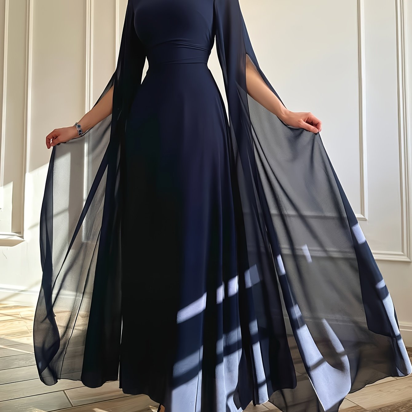 1pc Elegant Evening Long Dress with Cape Sleeves & Lace-Up Back - A-Line Stand Collar Solid Color Wedding Guest Gown, Machine Washable Spring/Summer Formal Dress for Women, Dresses for Wedding, Sophisticated Tailoring