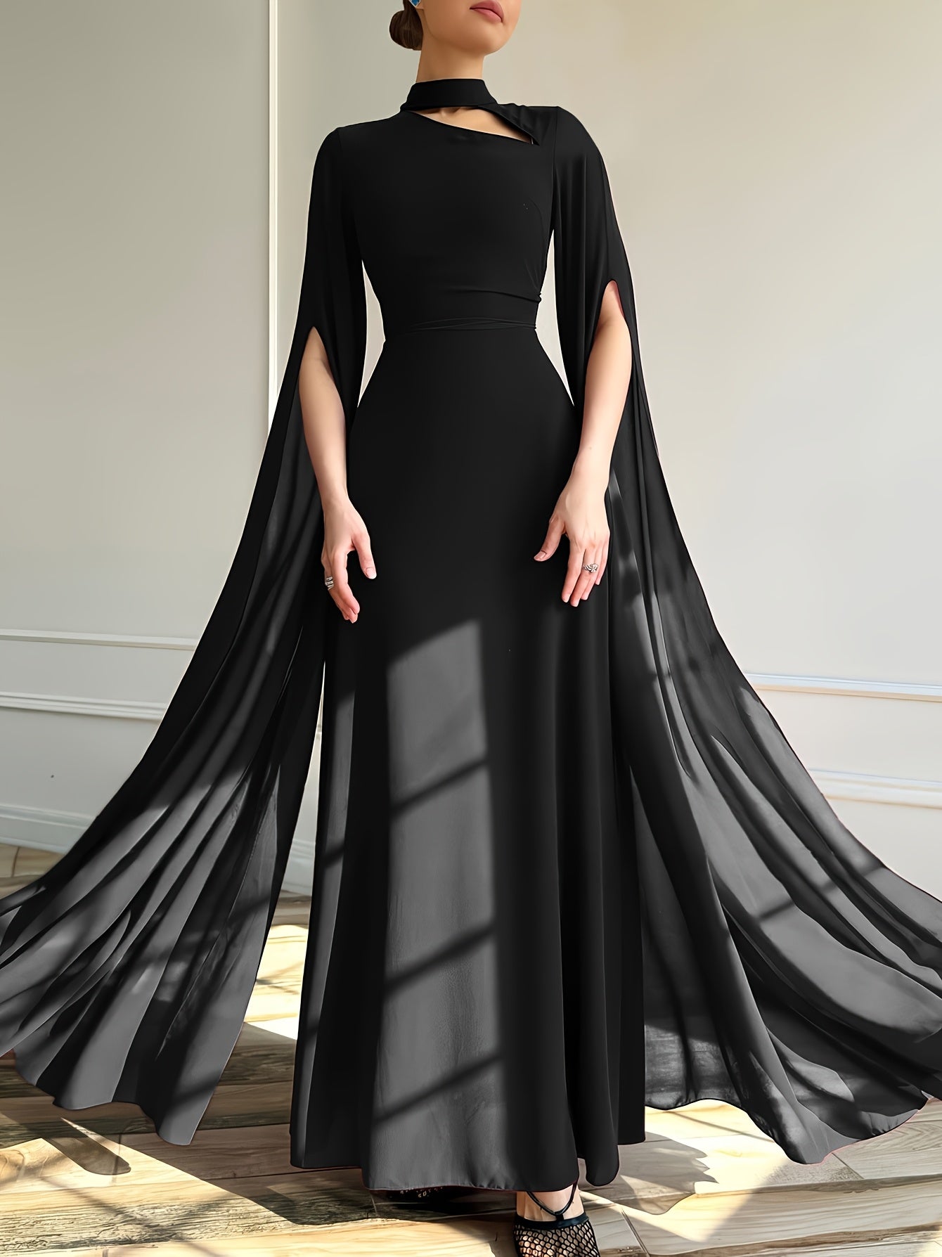 1pc Elegant Evening Long Dress with Cape Sleeves & Lace-Up Back - A-Line Stand Collar Solid Color Wedding Guest Gown, Machine Washable Spring/Summer Formal Dress for Women, Dresses for Wedding, Sophisticated Tailoring